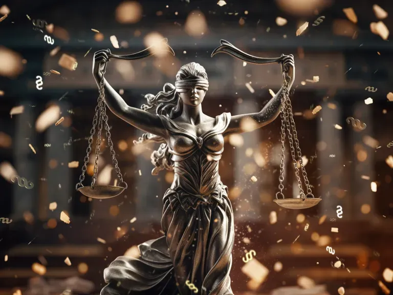 Eine Justitia die eine Waage hält. Um sie herum fliegen kleine §