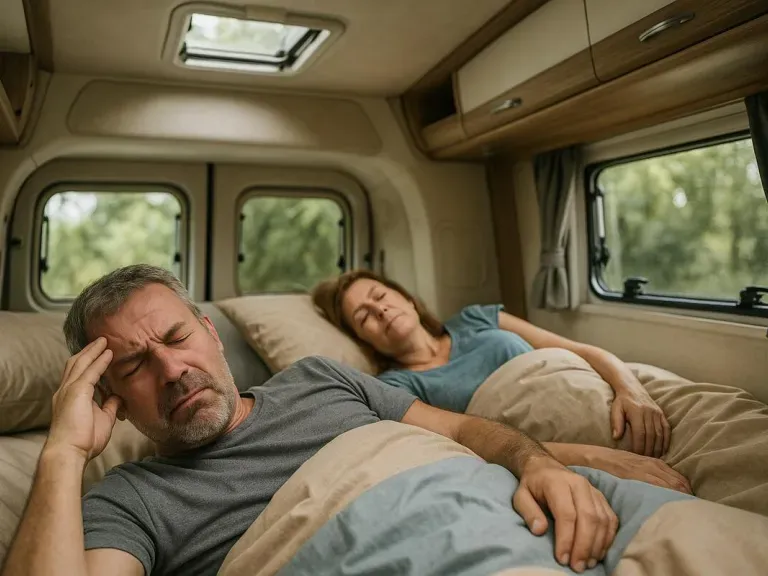 Ehepaar im Bett eines Campers. Der Mann hält sich den schmerzenden Kopf