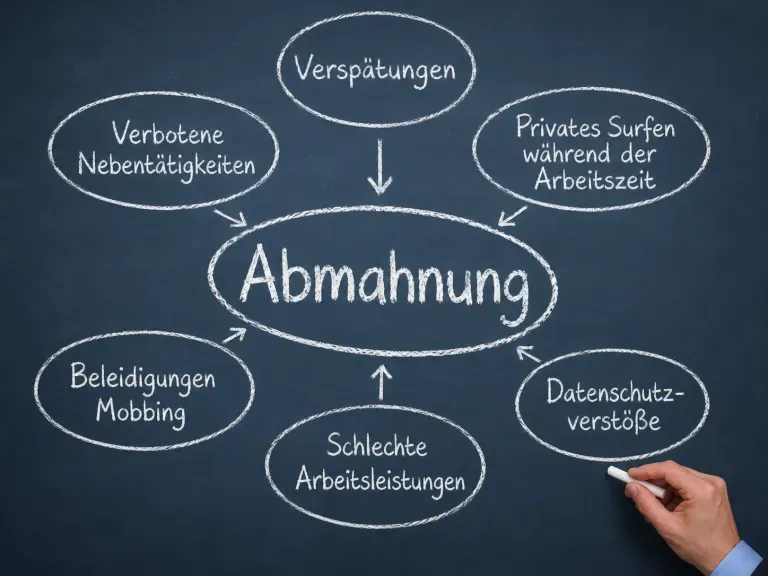 Ein Schaubild auf dem in der Mitte Abmahnung steht und außen Begriffe die zur Abmahnung führen