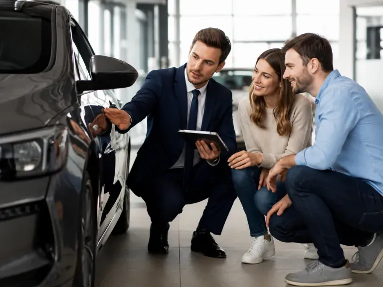 Leasing: Gespräch zwischen Verkäufer und Paar.