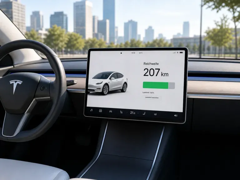 Innenraum eines Tesla mit einem großen Display auf dem Reichweite 207km steht