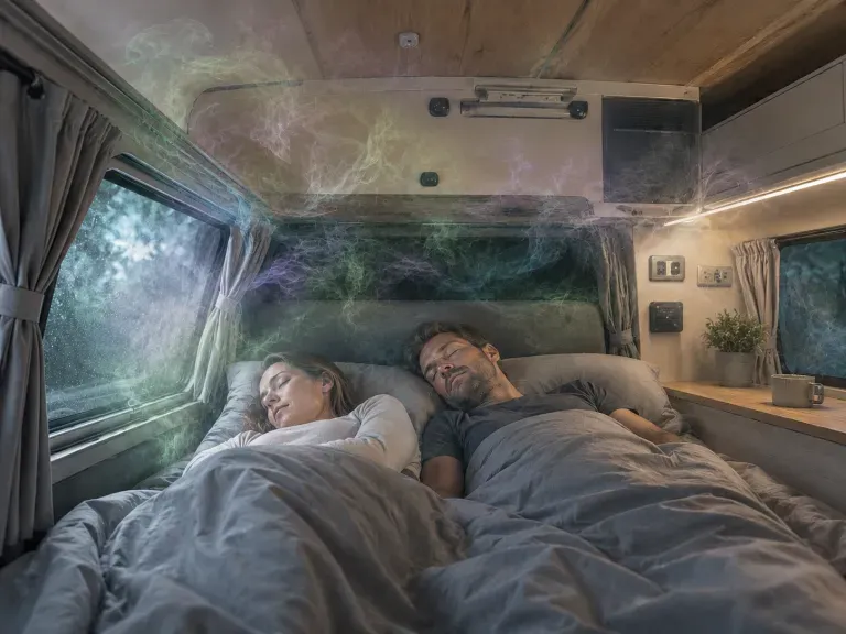 schlafendes Paar in einem Wohnmobil, das giftige Dämpfe einatmet