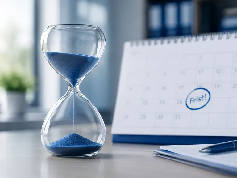 Eine Sanduhr im Hintergrund ein Kalender