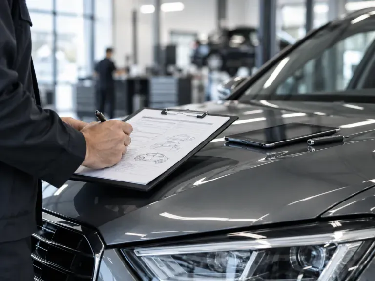 Ein Protokoll das auf der Motorhaube eines Fahrzeugs ausgefüllt wird (KI-generiertes Symbolbild)