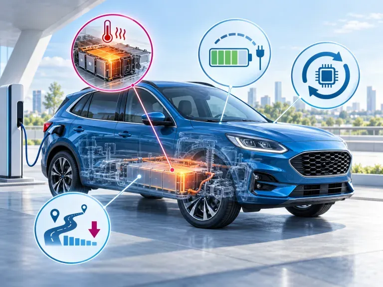 E-Auto mit Batterie und Symbolen