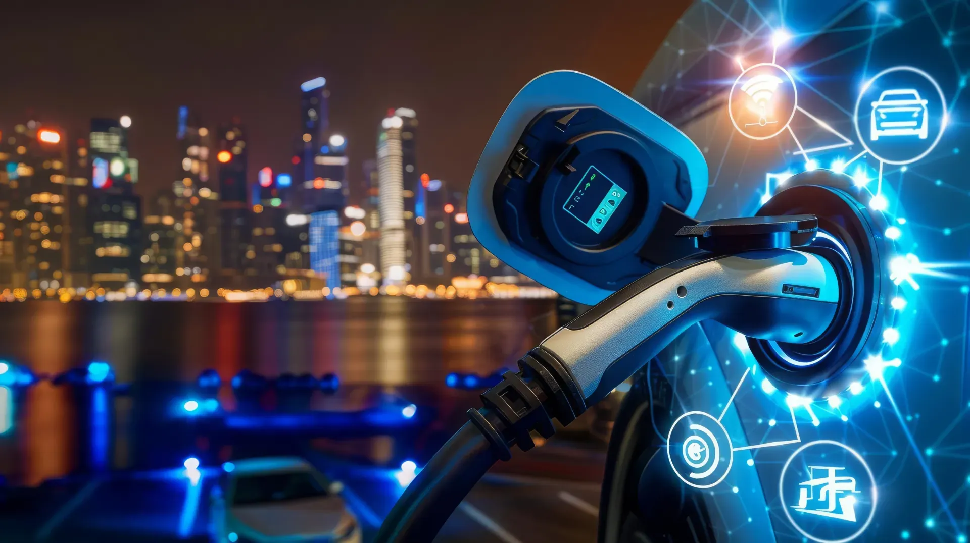 Ein Ladevorgang für ein E-Auto mit digitalen Symbolen im Hintergrund eine Skyline