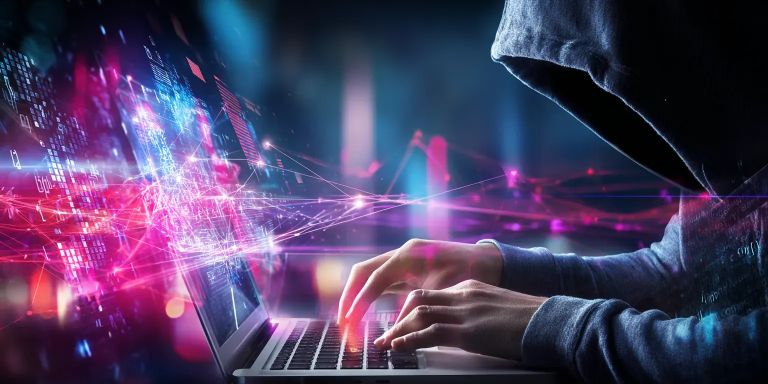 Ein Hacker an einem Laptop, der Daten stiehlt
