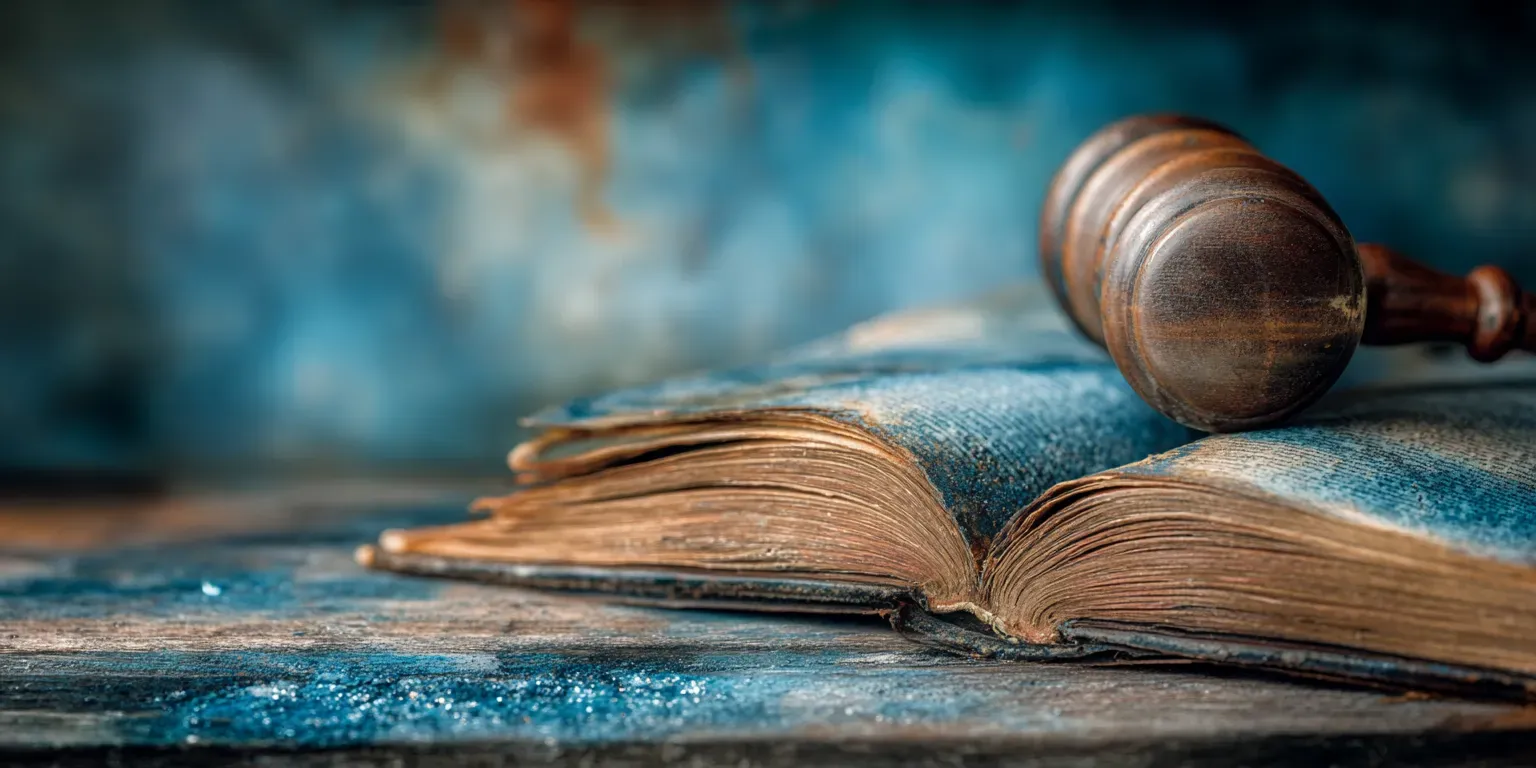 ein nostalgisches altes aufgeschlagenes Buch auf dem ein Richterhammer liegt