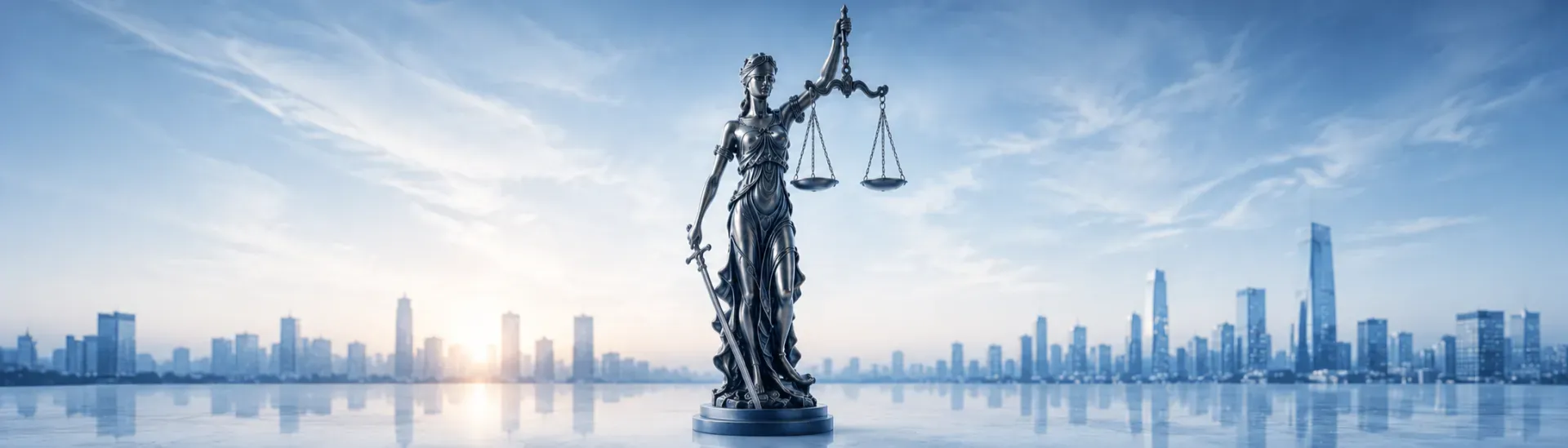 Justitia-Statue vor Skyline