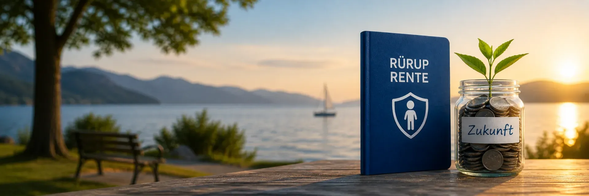 Im Vordergrund ein Glas mit der Aufschrift Zukunft und ein Buch Rürup Rente - im Hintergrund ein See