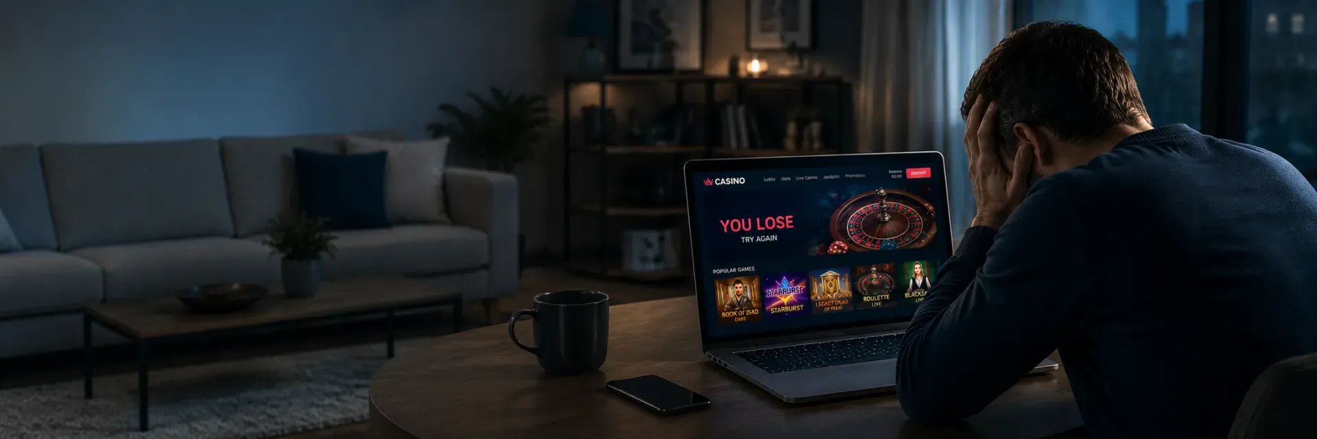 Mann der auf ein Laptop mit geöffneter Online Casino Seite schaut