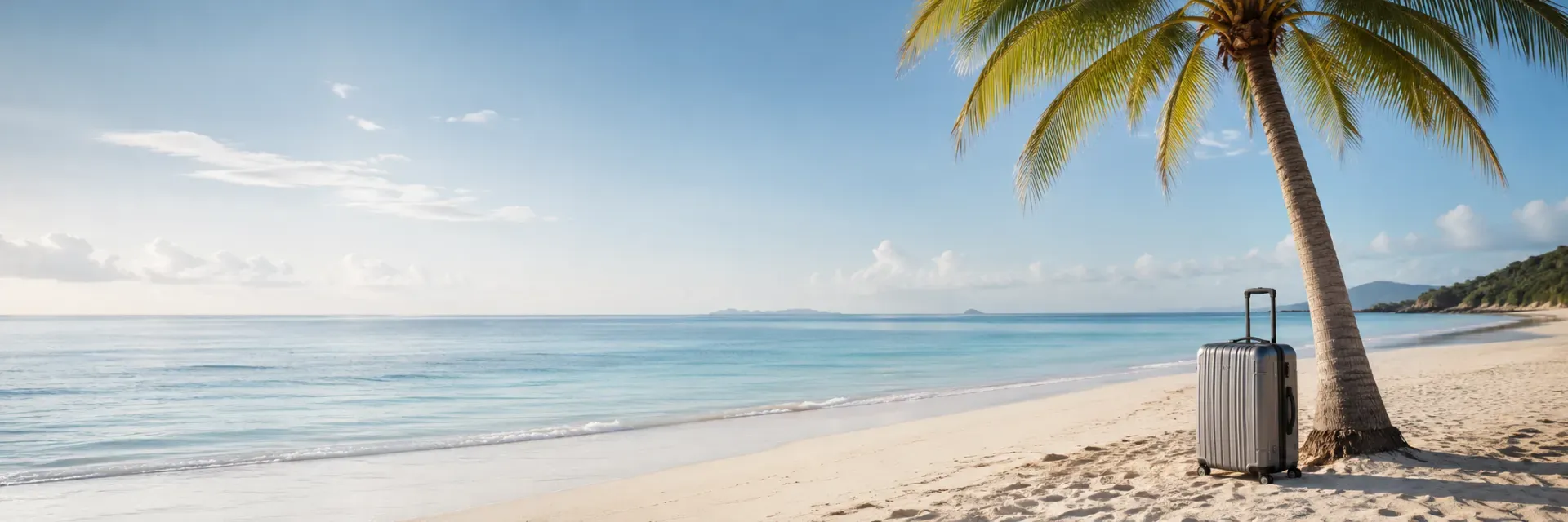 Eine Palme an einem Strand mit einem Koffer darunter