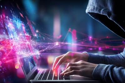 Ein Hacker an einem Laptop, der Daten stiehlt