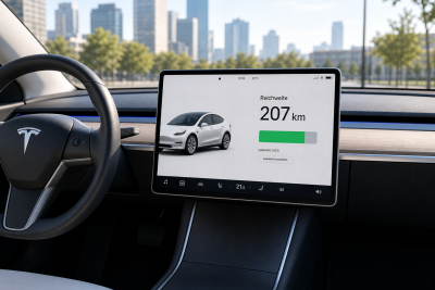 Innenraum eines Tesla mit einem großen Display auf dem Reichweite 207km steht