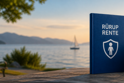 Im Vordergrund ein Glas mit der Aufschrift Zukunft und ein Buch Rürup Rente - im Hintergrund ein See
