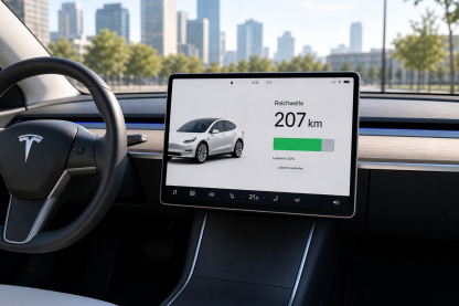 Innenraum eines Tesla mit einem großen Display auf dem Reichweite 207km steht